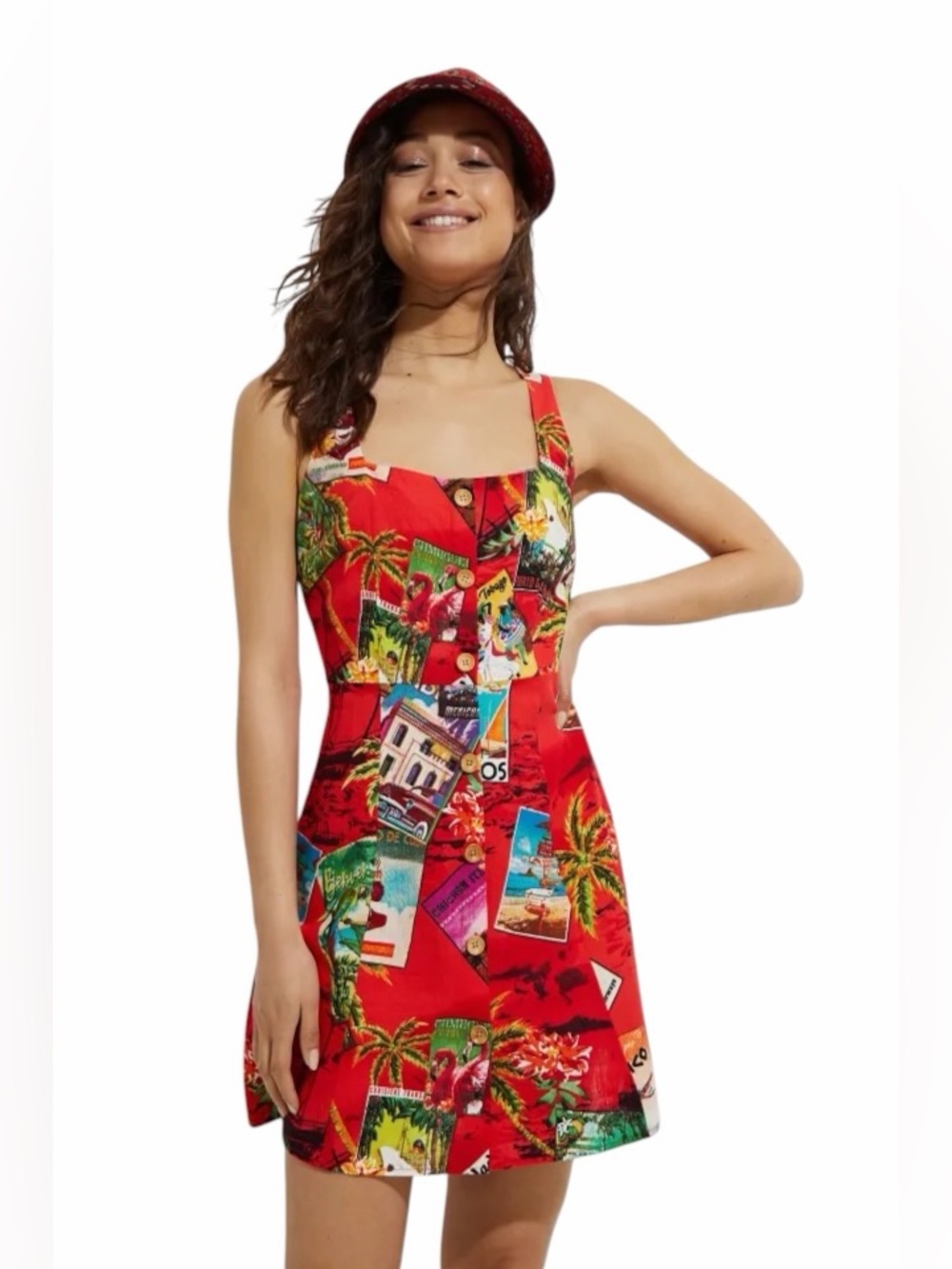 Desigual Red Tropical Short Linen Pinafore Mini Dress Womens M